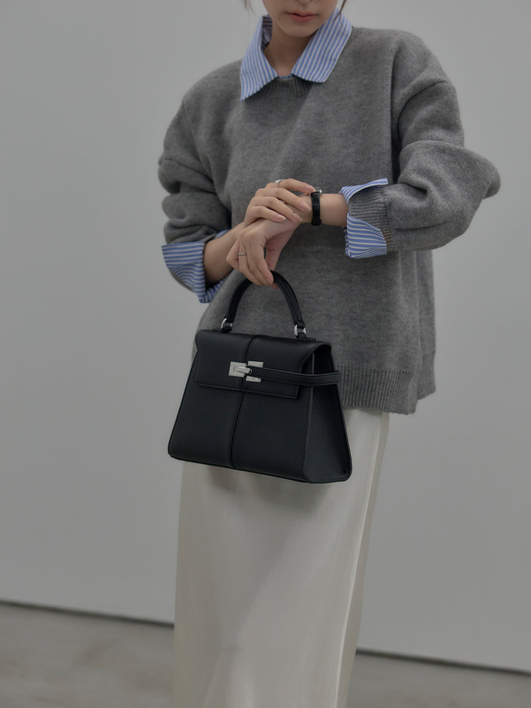 【SET】シャツドッキング肉厚ニットプルオーバー+ナローAラインサテンスカート(2set)