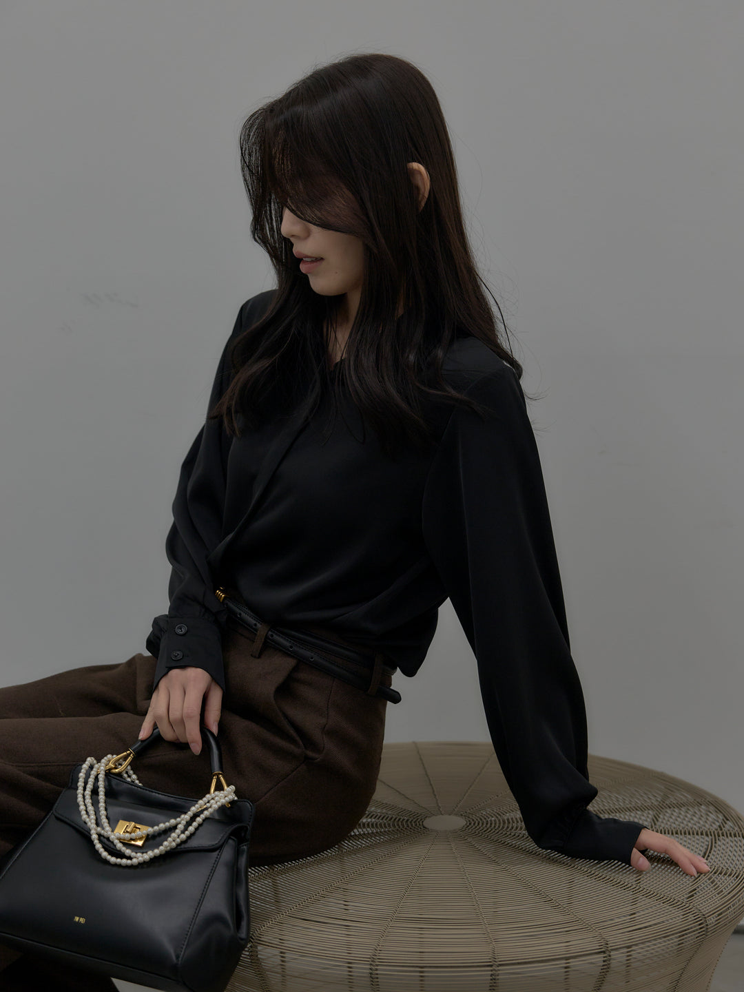 【SET】比翼仕立てサテンシャツ+裏起毛デザインワイドパンツ(2set)