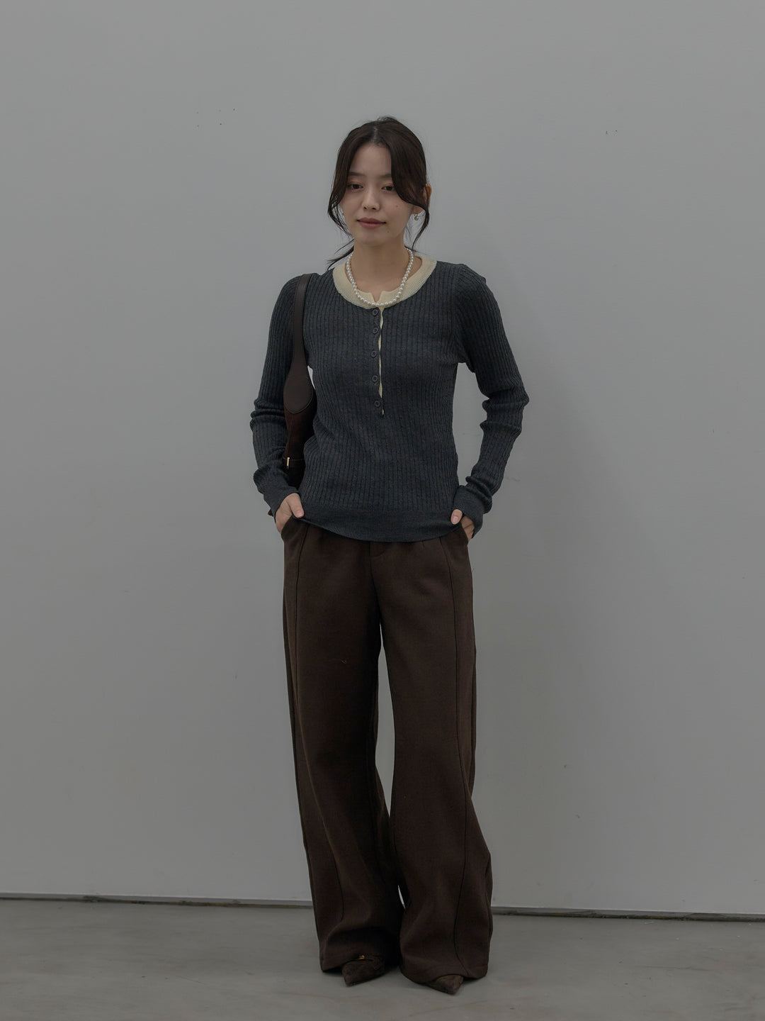 【SET】配色ケーブル編みニットトップス+裏起毛デザインワイドパンツ(2set)