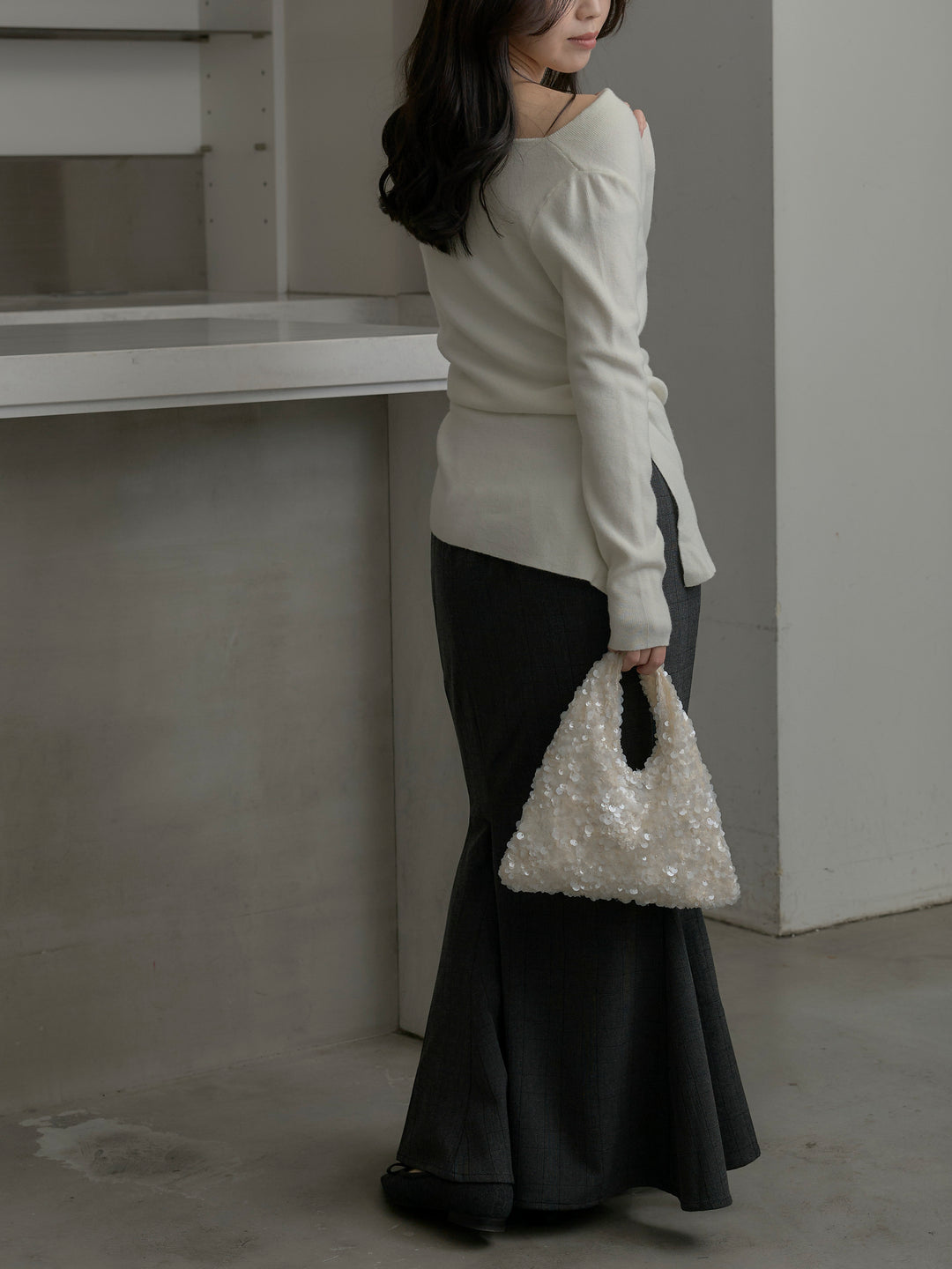 【SET】サイドスリットボートネックニットトップス+【Essential】チェック柄マーメイドスカート(2set)