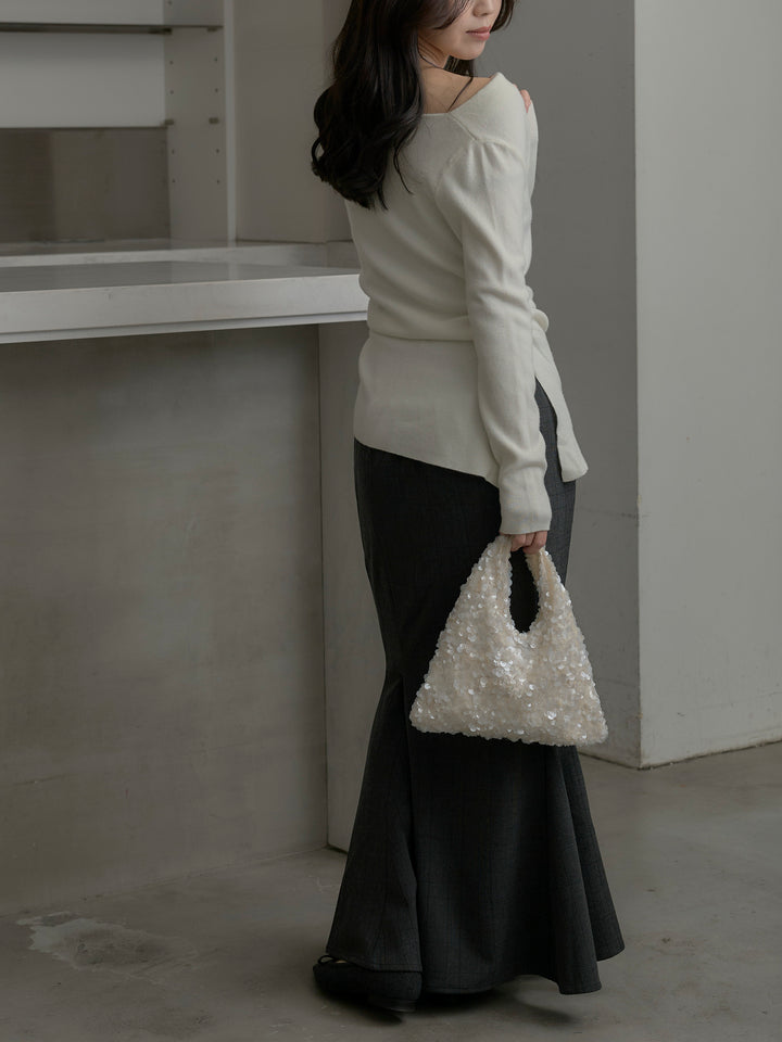 【SET】サイドスリットボートネックニットトップス+【Essential】チェック柄マーメイドスカート(2set)