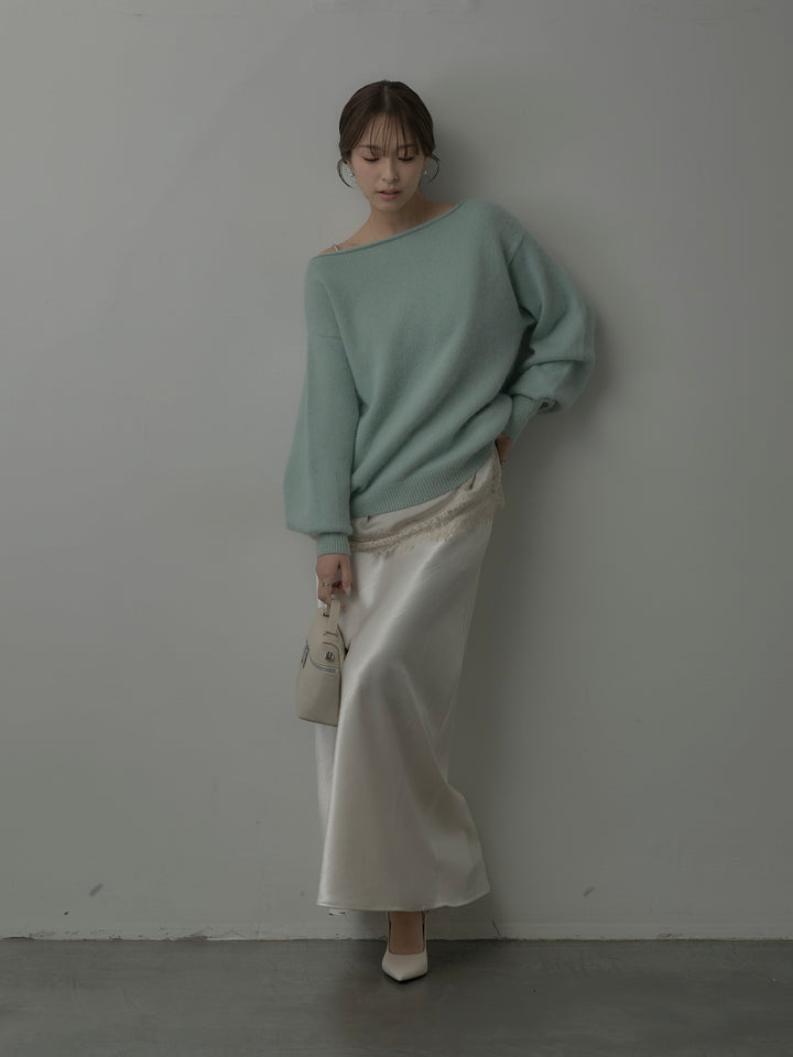 【SET】【premium touch】2wayショルダーニットプルオーバー+レースサテンキャミソール+ナローAラインサテンスカート(3set)