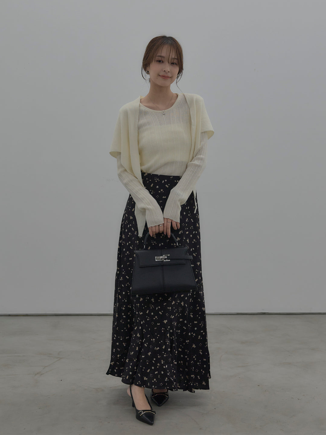 【SET】ニットスカーフ付きリブニットトップス+フラワーパターンマーメイドフレアスカート(2set)