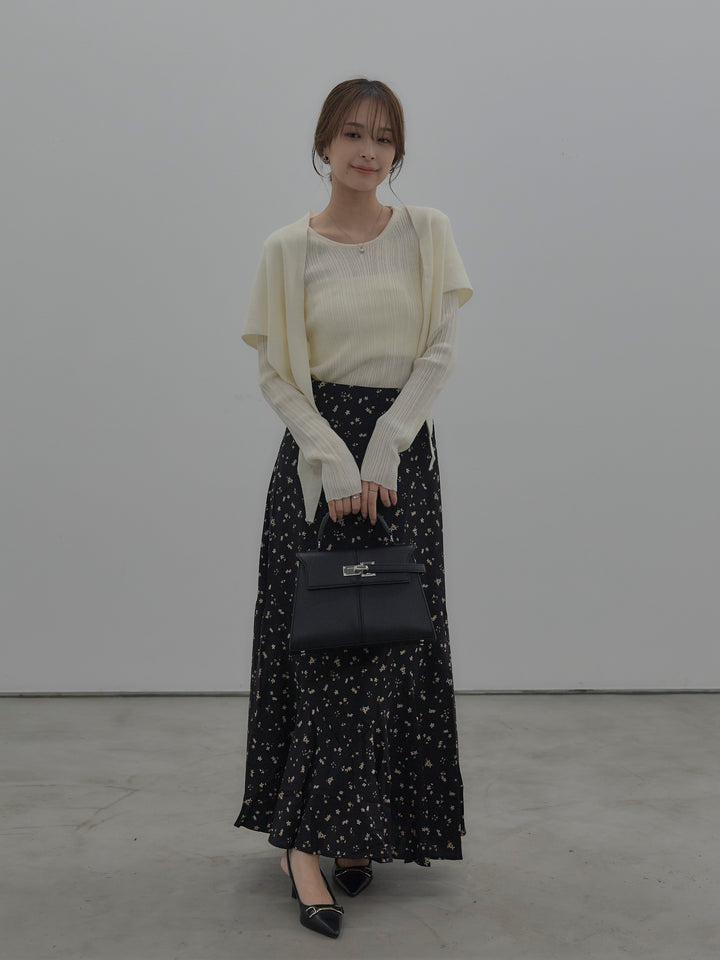 【SET】ニットスカーフ付きリブニットトップス+フラワーパターンマーメイドフレアスカート(2set)