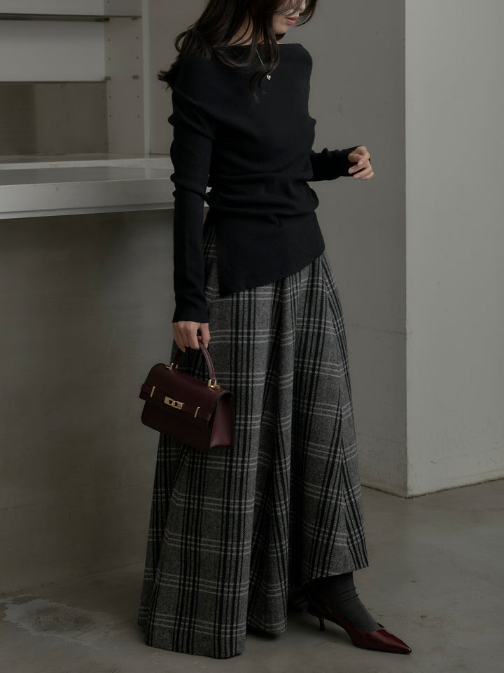 【SET】サイドスリットボートネックニットトップス+【Essential】クラシカルチェックウールタッチスカート(2set)