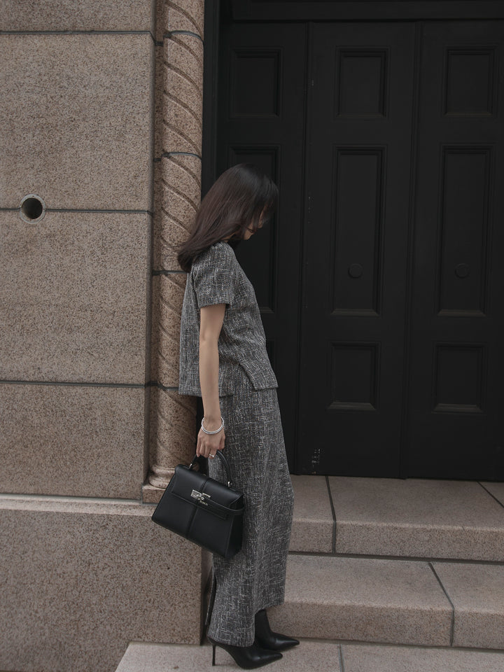 【SET】【Essential】ツイードハーフスリーブトップス+【Essential】ツイードペンシルスカート(2set)