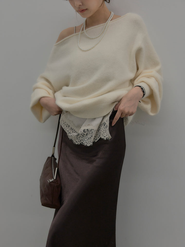 【SET】【premium touch】2wayショルダーニットプルオーバー+ナローAラインサテンスカート(2set)