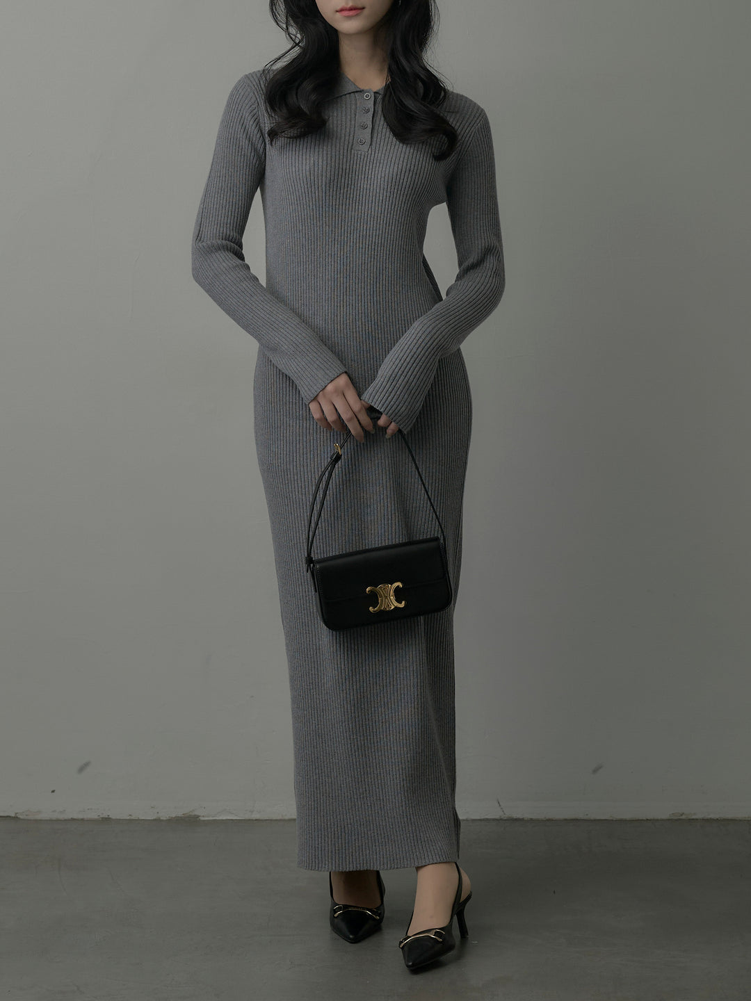 ポロ襟リブニットワンピース