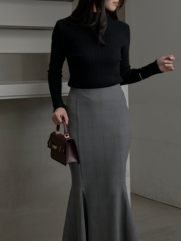 【SET】リブニットタートルネック+【Essential】チェック柄マーメイドスカート(2set)