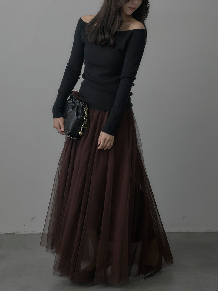 【SET】2wayリブニットポンチョトップス+ボリュームチュールスカート(2set)