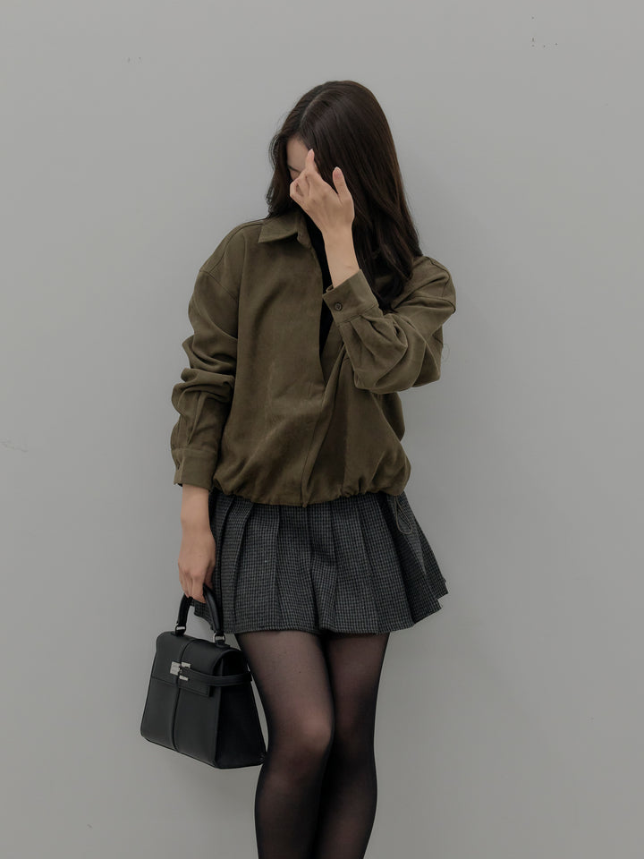 ドッキングデザイン裾ドロストスエードシャツ