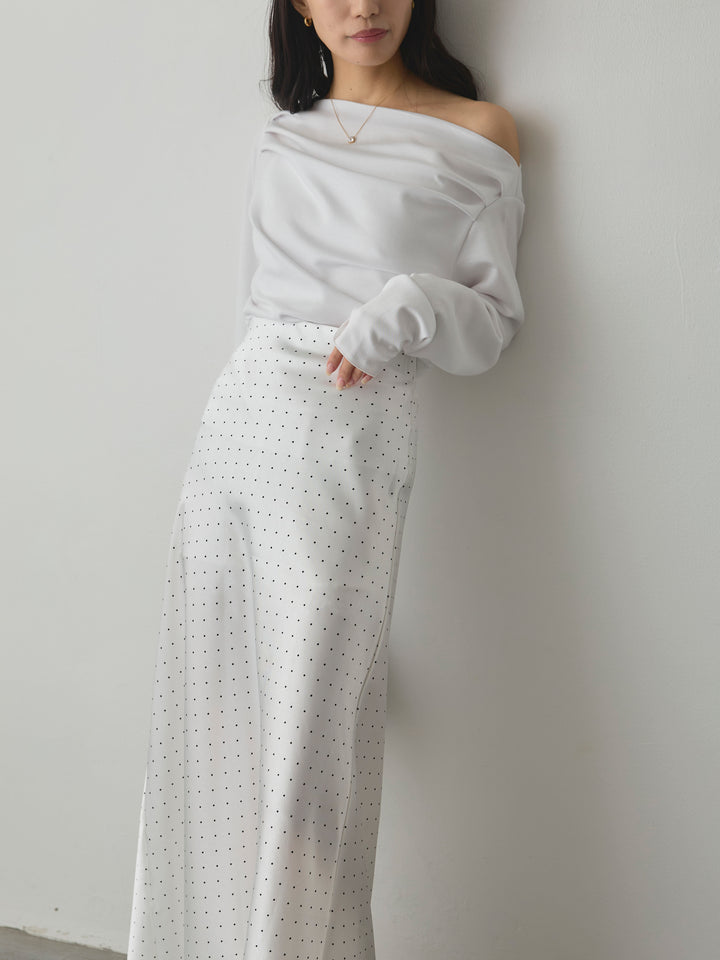 【SET】【Essential】2wayショルダードレープカットトップス+ドットサテンスカート(2set)