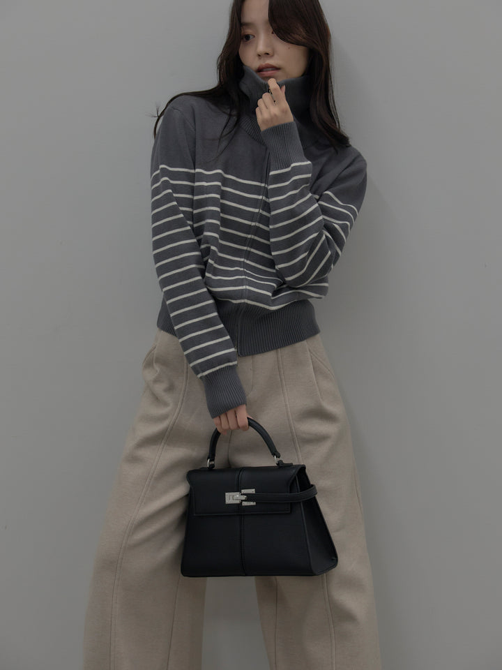 【SET】ダブルZIPハイネックボーダーニットトップス+裏起毛センターシームタックワイドパンツ(2set)