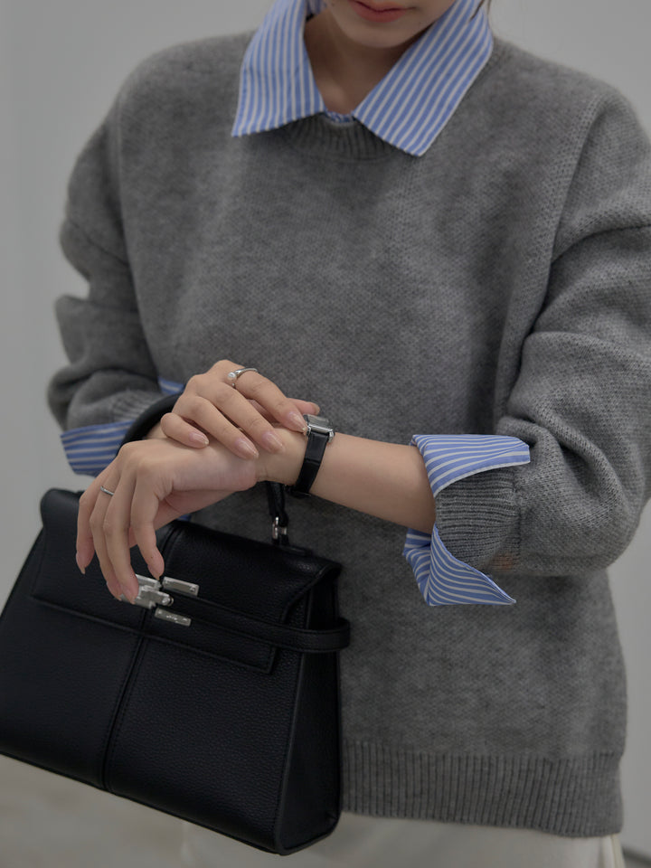 【SET】シャツドッキング肉厚ニットプルオーバー+ナローAラインサテンスカート(2set)