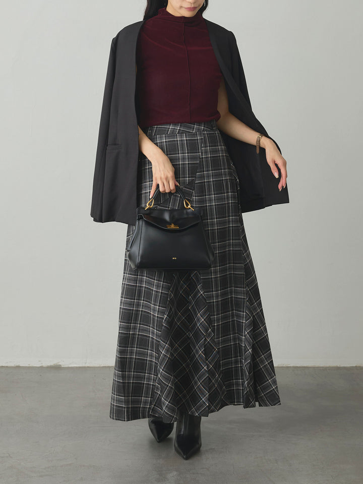【SET】【Essential】フロントホックノーカラージャケット+メッシュベロアノースリーブトップス+クラシカルチェックパネルスカート(3set)