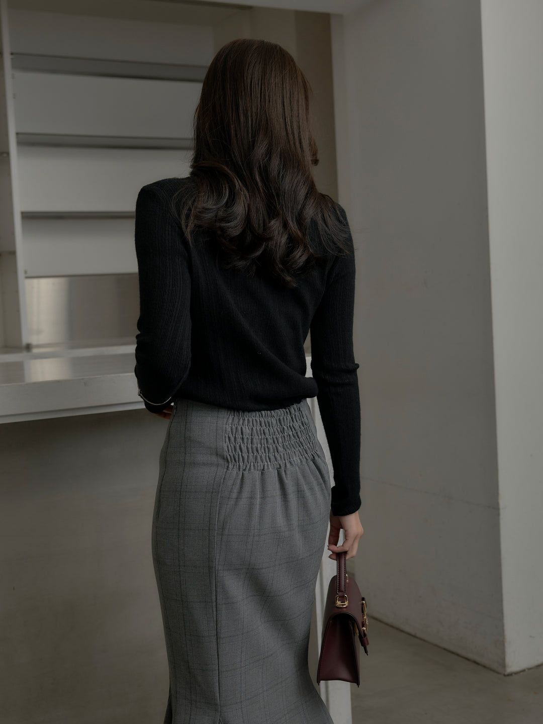 【SET】リブニットタートルネック+【Essential】チェック柄マーメイドスカート(2set)