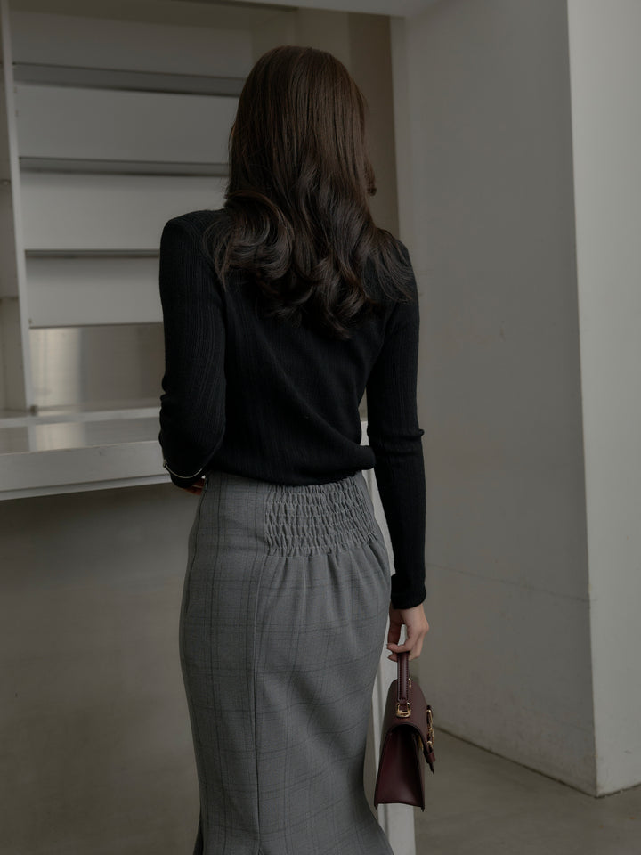 【SET】リブニットタートルネック+【Essential】チェック柄マーメイドスカート(2set)