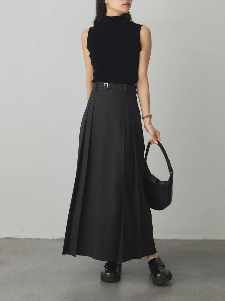 【SET】メッシュベロアノースリーブトップス+【Essential】ベルト付きサイドタックスカート(2set)