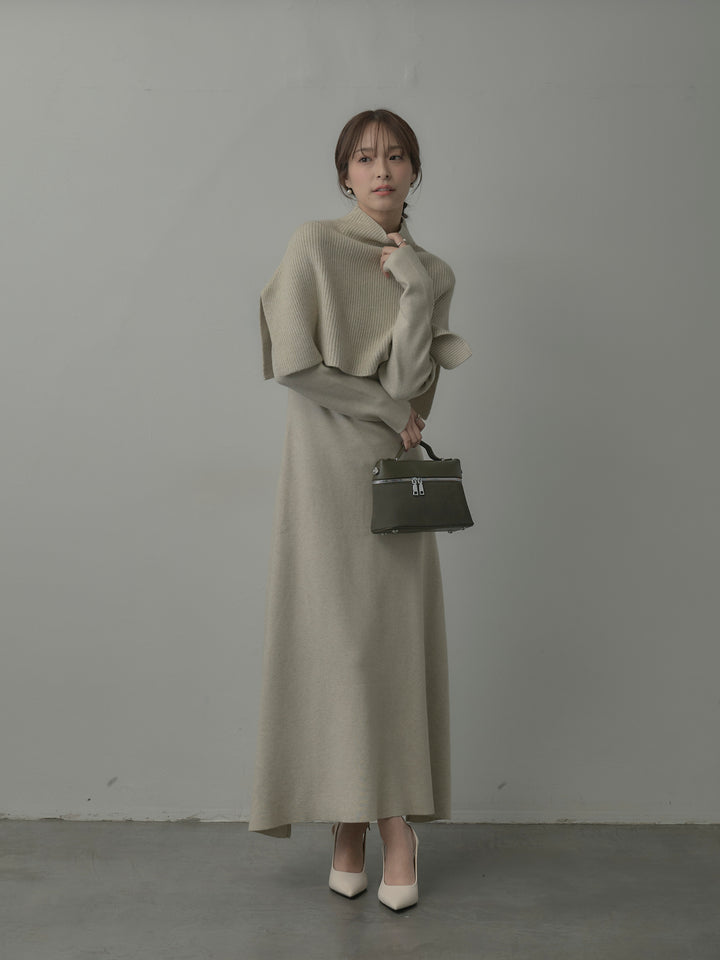 ケープ付きリブニットロングワンピース