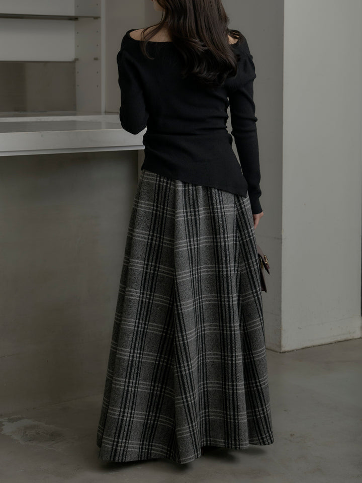 【SET】サイドスリットボートネックニットトップス+【Essential】クラシカルチェックウールタッチスカート(2set)