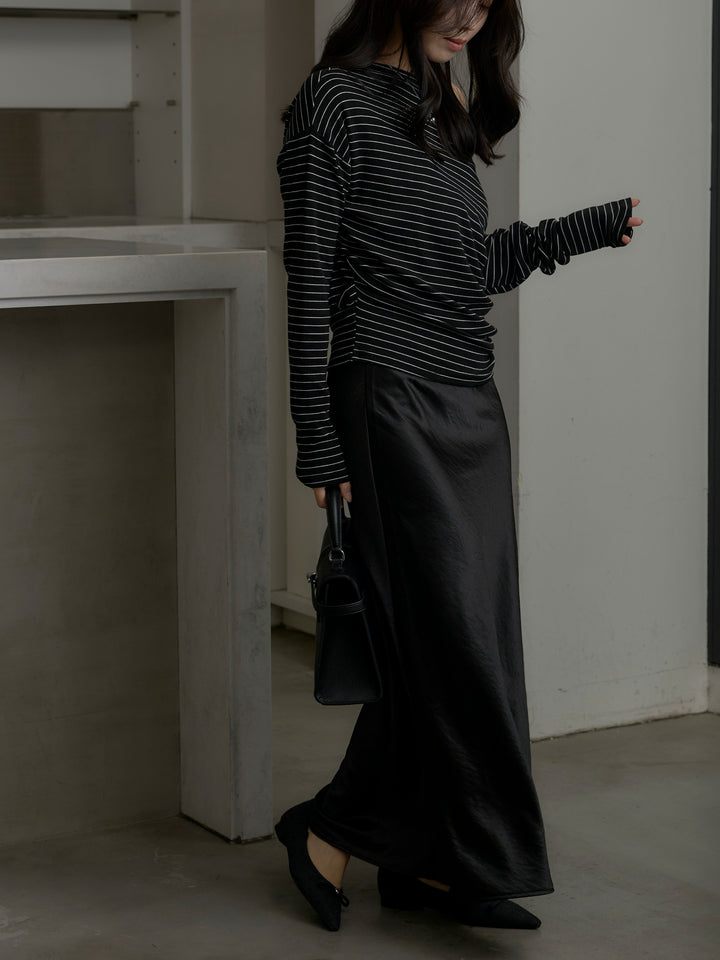 【SET】2wayショルダーボーダートップス+ナローAラインサテンスカート(2set)