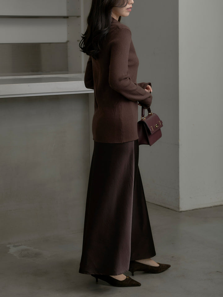 【SET】リブ配色ラインポロニットカーディガン+ナローAラインサテンスカート(2set)