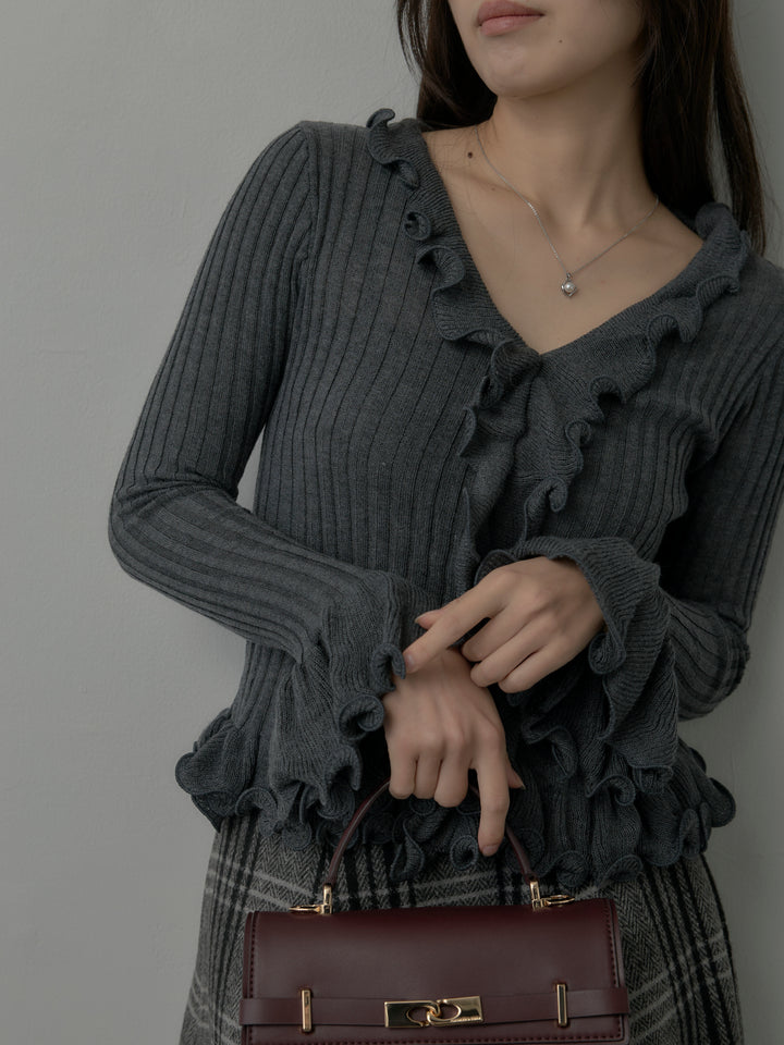 【SET】Vネックフリルデザインニットトップス+【Essential】クラシカルチェックウールタッチスカート(2set)