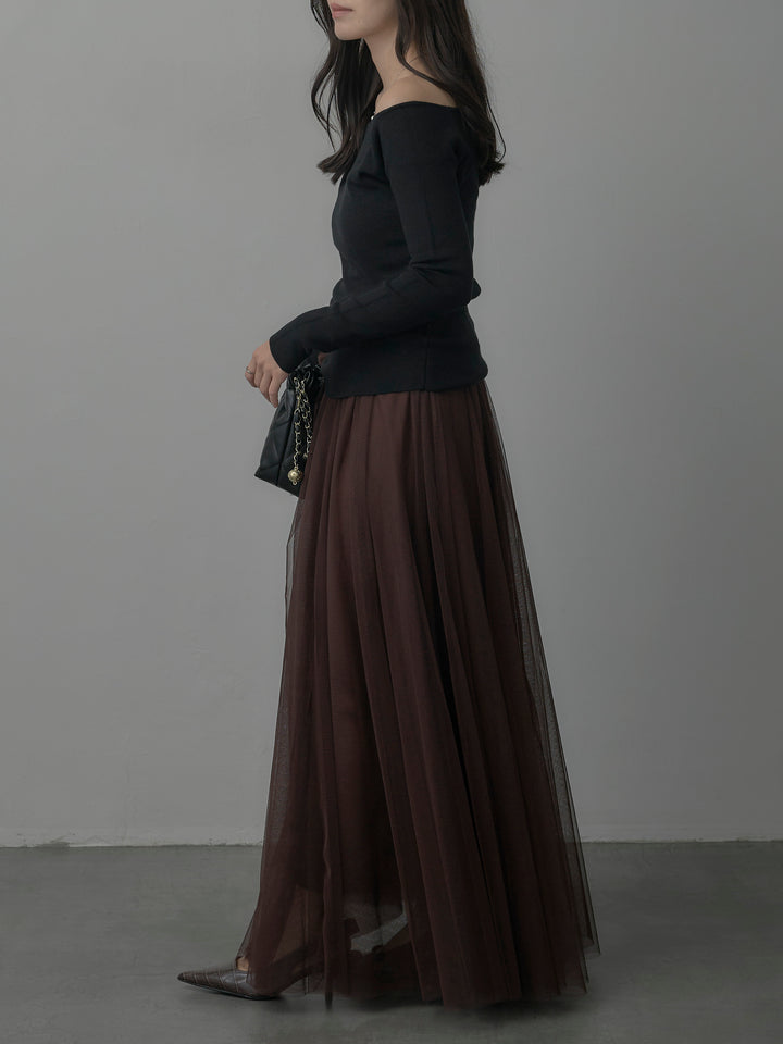 【SET】2wayリブニットポンチョトップス+ボリュームチュールスカート(2set)