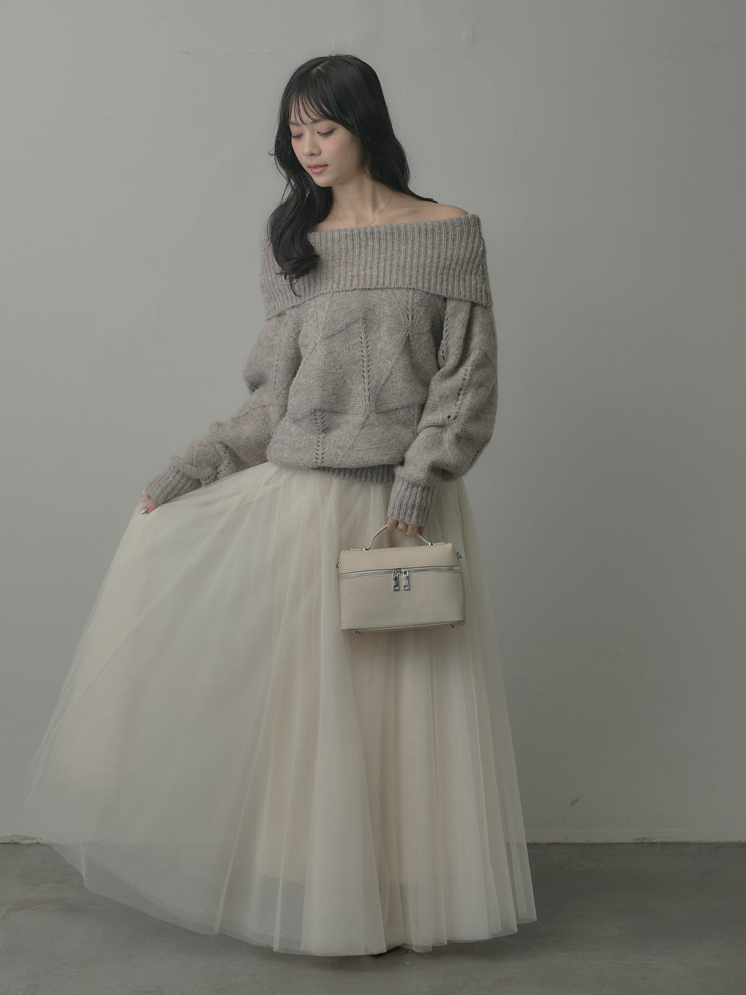 【SET】メランジニットオフショルトップス+ボリュームチュールスカート(2set)