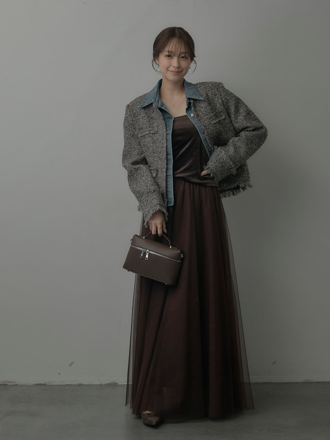 【SET】デニムドッキングオーバーサイズツイードジャケット+ボリュームチュールスカート(2set)