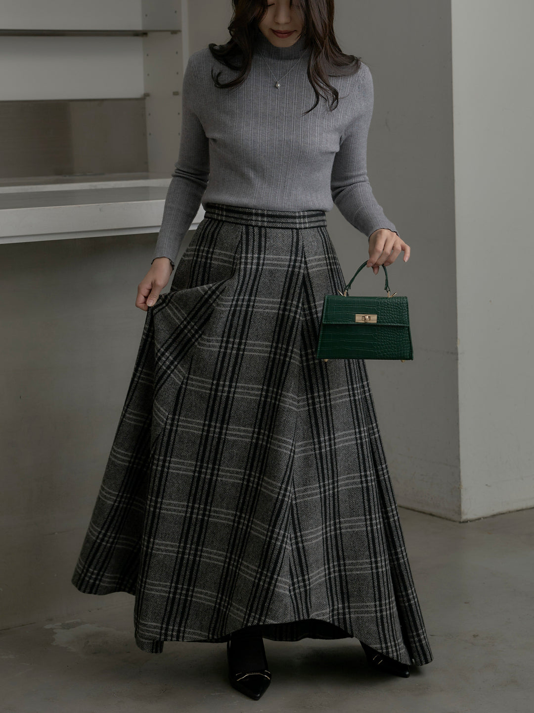 【SET】リブニットタートルネック+【Essential】クラシカルチェックウールタッチスカート(2set)
