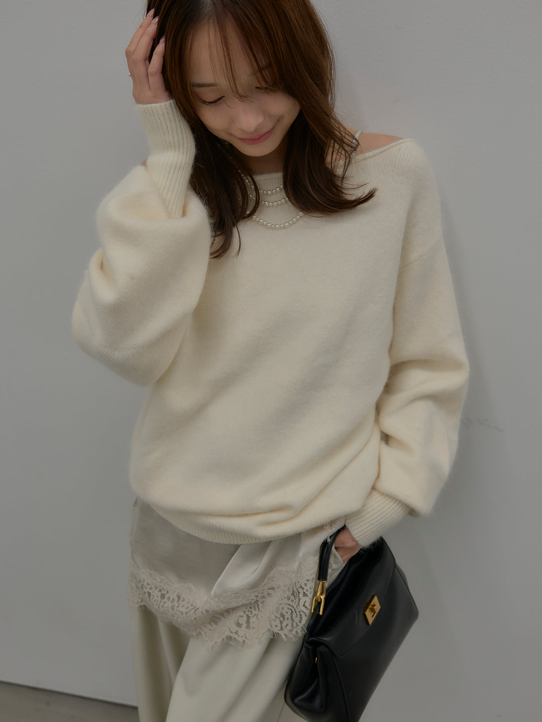 【SET】【premium touch】2wayショルダーニットプルオーバー+レースサテンキャミソール(2set)