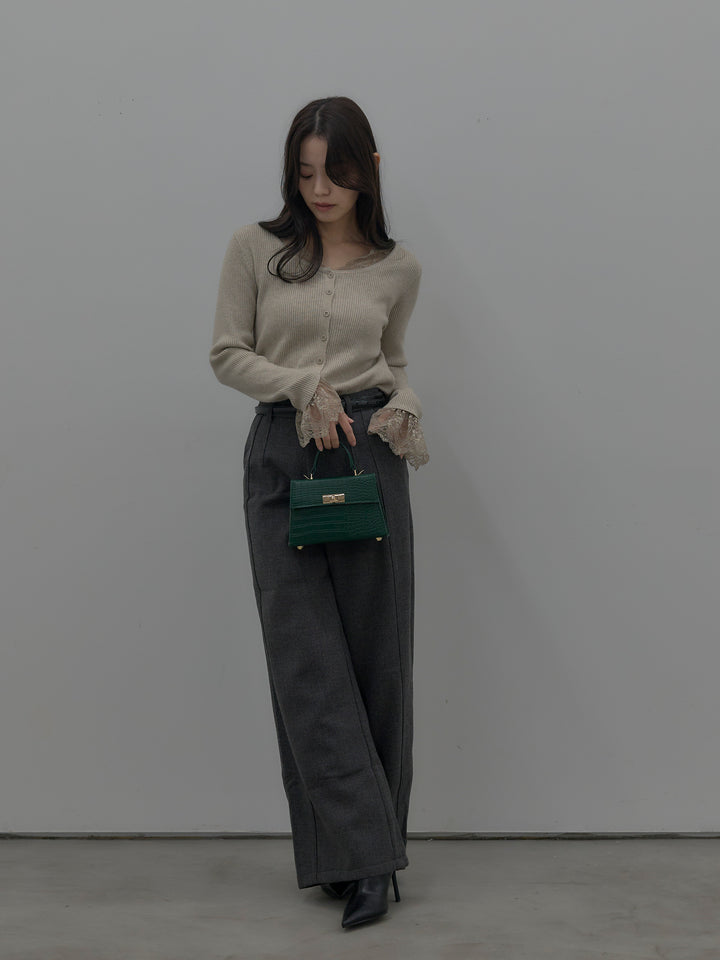 【SET】レースドッキングリブニットトップス+裏起毛デザインワイドパンツ(2set)