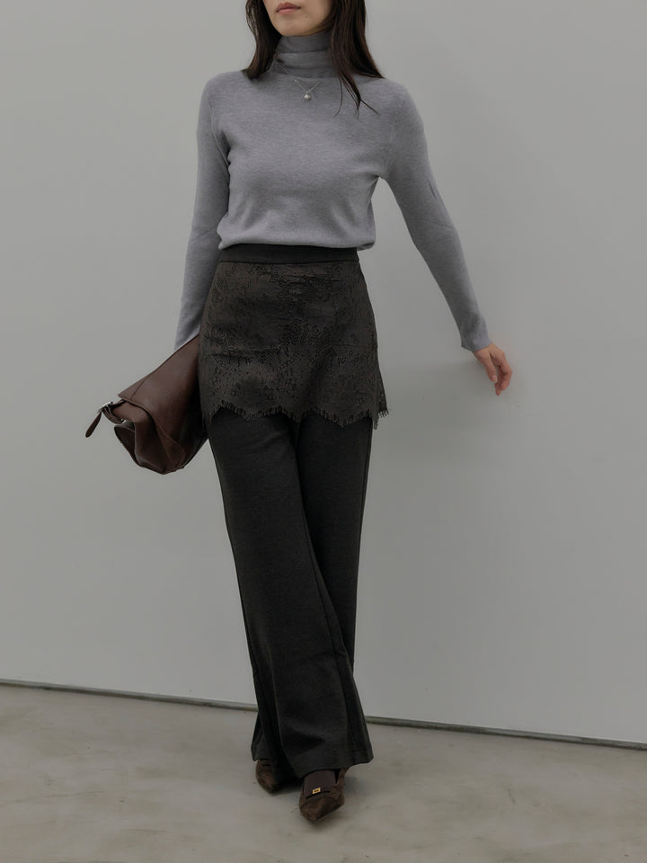 【SET】ベーシックリブタートルネック+レースレイヤードセミフレアパンツ(2set)