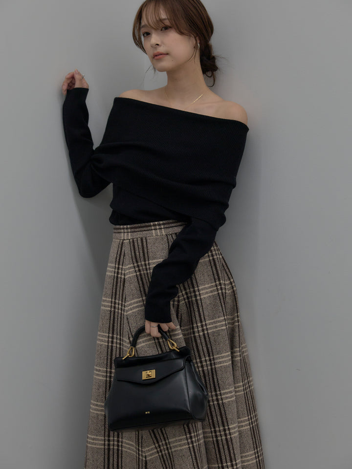 【SET】【premium touch】ソフトリブオフショルニットトップス+【Essential】クラシカルチェックウールタッチスカート(2set)