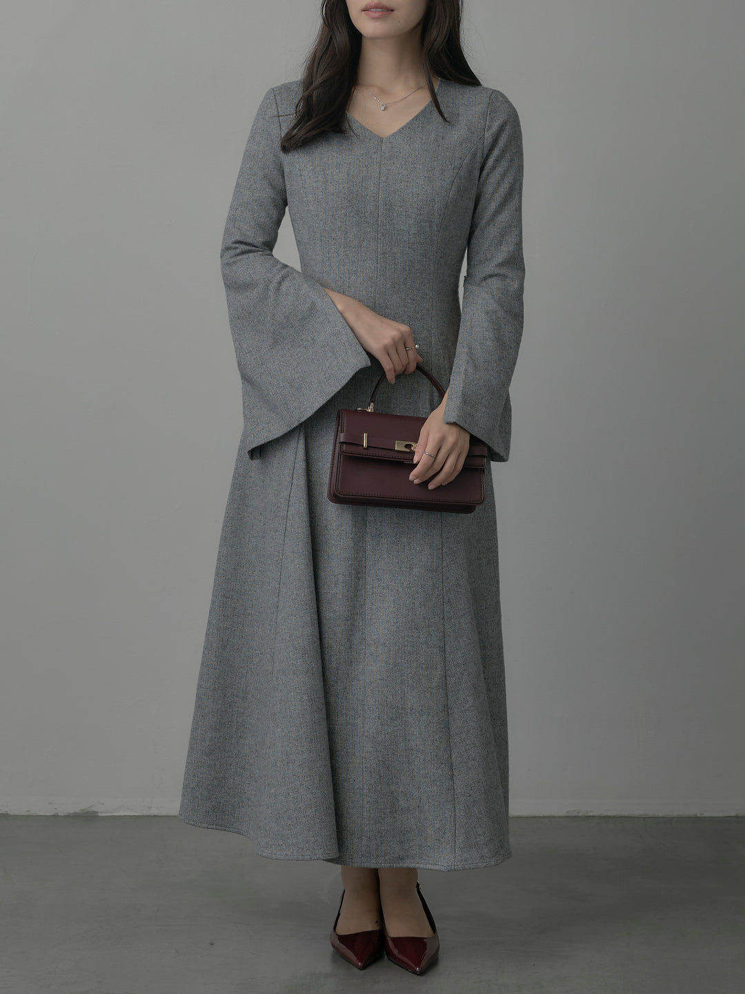 【Essential】2wayスリーブヘリンボーンフレアワンピース