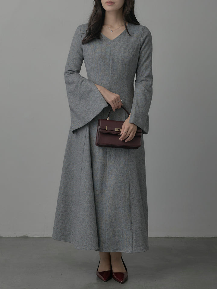 【Essential】2wayスリーブヘリンボーンフレアワンピース