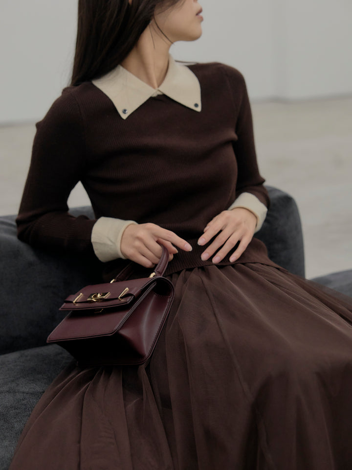 【SET】配色カフスニットポロ+ボリュームチュールスカート(2set)