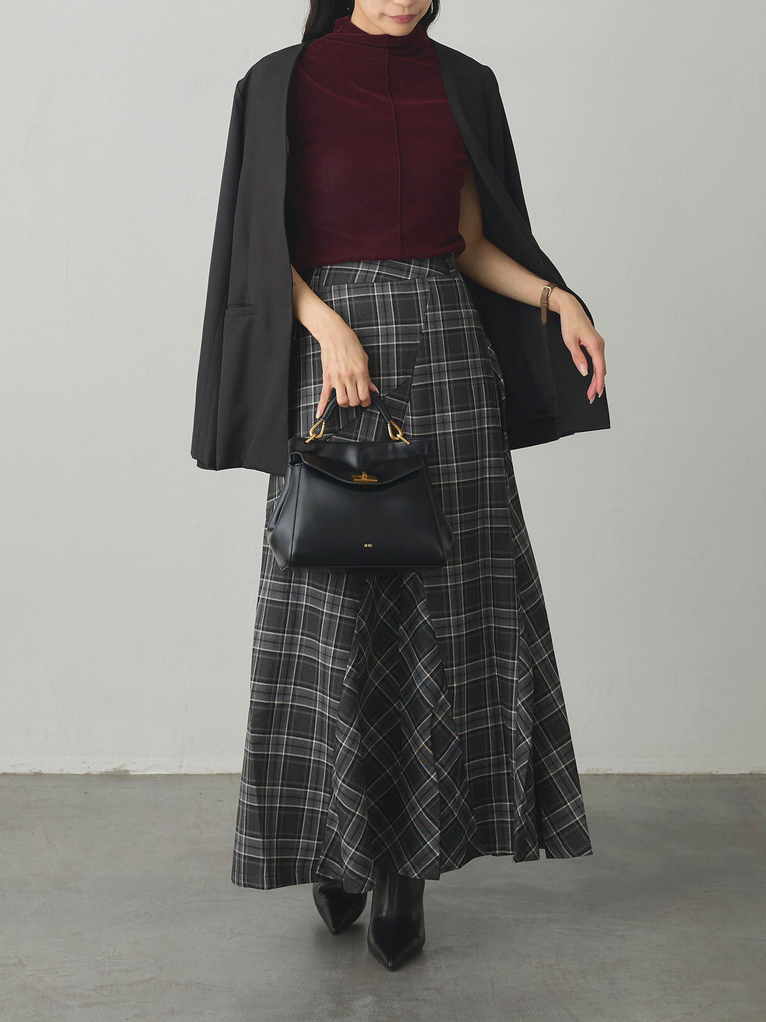 【SET】【Essential】フロントホックノーカラージャケット+クラシカルチェックパネルスカート(2set)