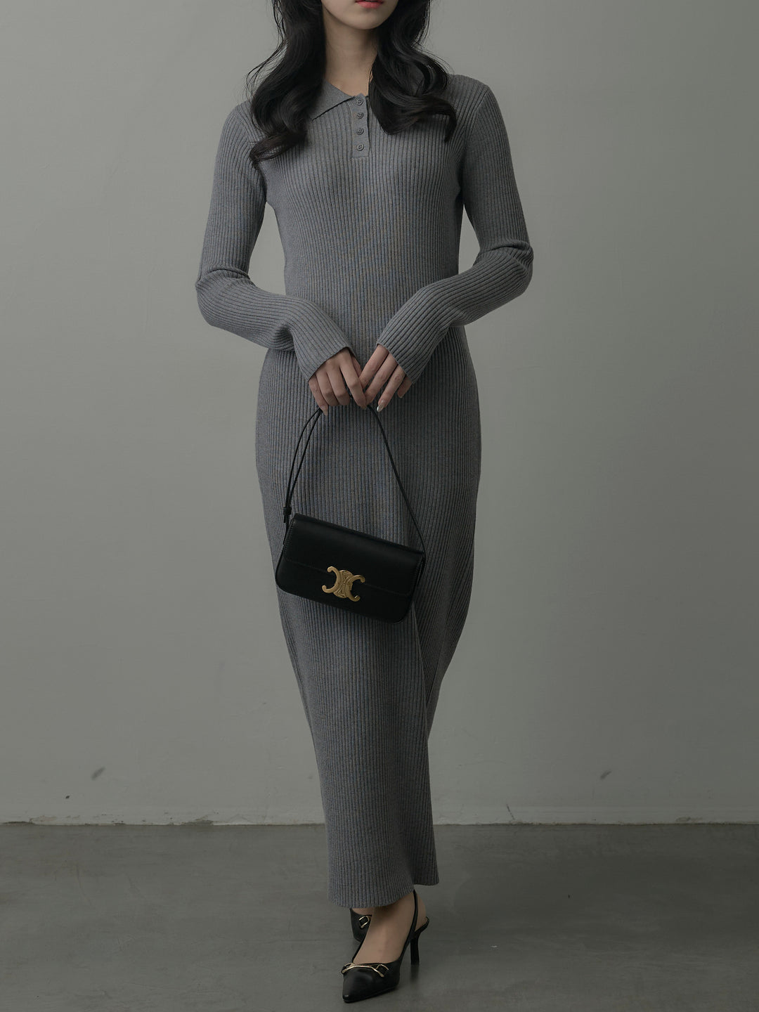 ポロ襟リブニットワンピース