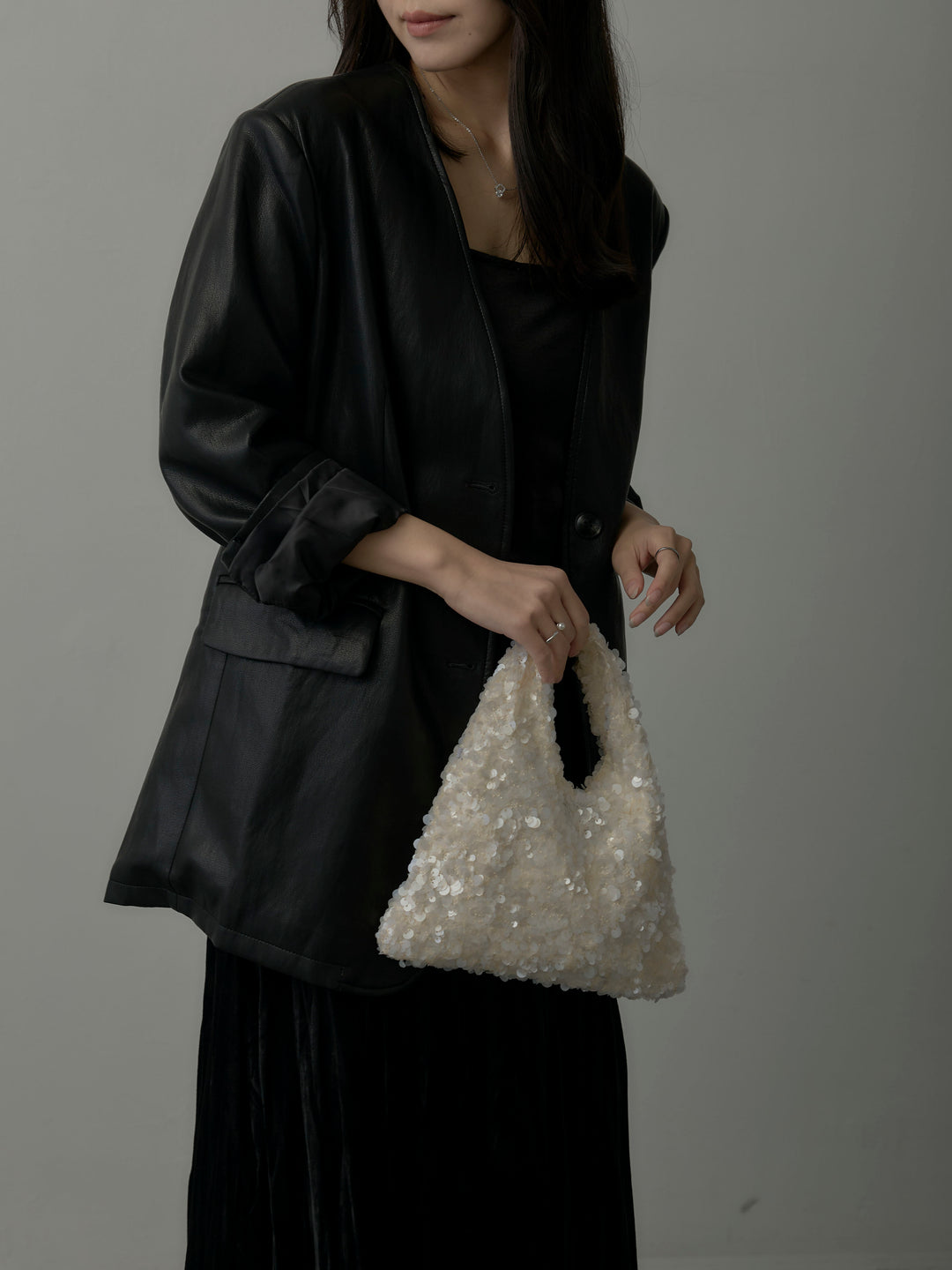 【SET】レザーノーカラージャケット+ベロアワッシャープリーツスカート(2set)