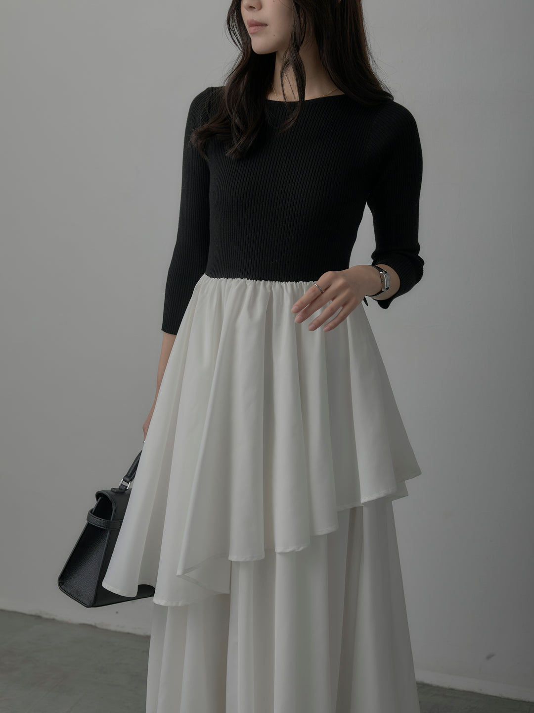 【Essential】7部袖リブドッキングワンピース