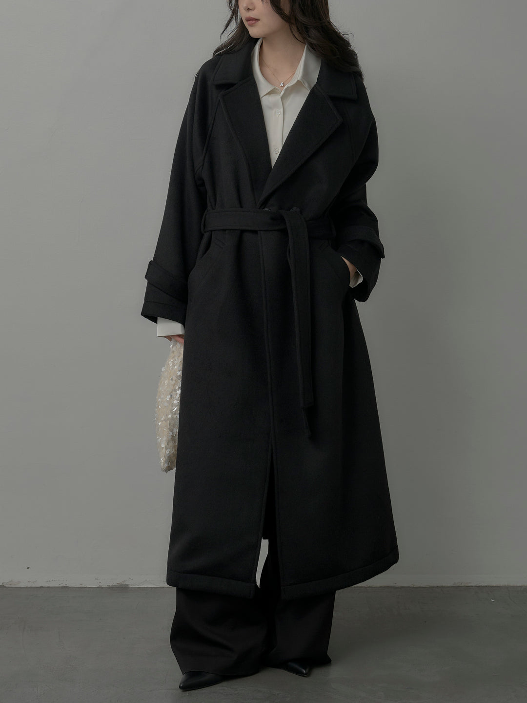 【SET】【Essential】ソフトウールリバートレンチコート+ケープ付きオーバーサテンシャツ+【Essential】３タックスラックス(3set)