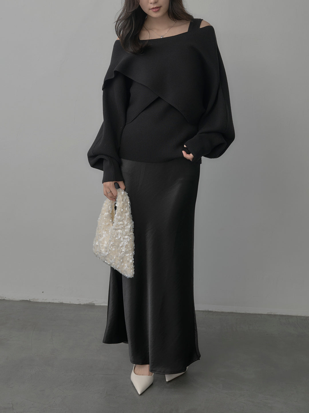 【SET】タンク付きクロスデザインニットプルオーバー+ナローAラインサテンスカート(2set)