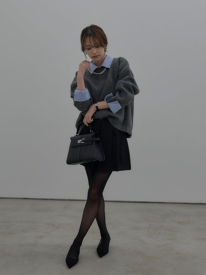 【SET】シャツドッキング肉厚ニットプルオーバー+ベルト付きプリーツミニスカート(2set)