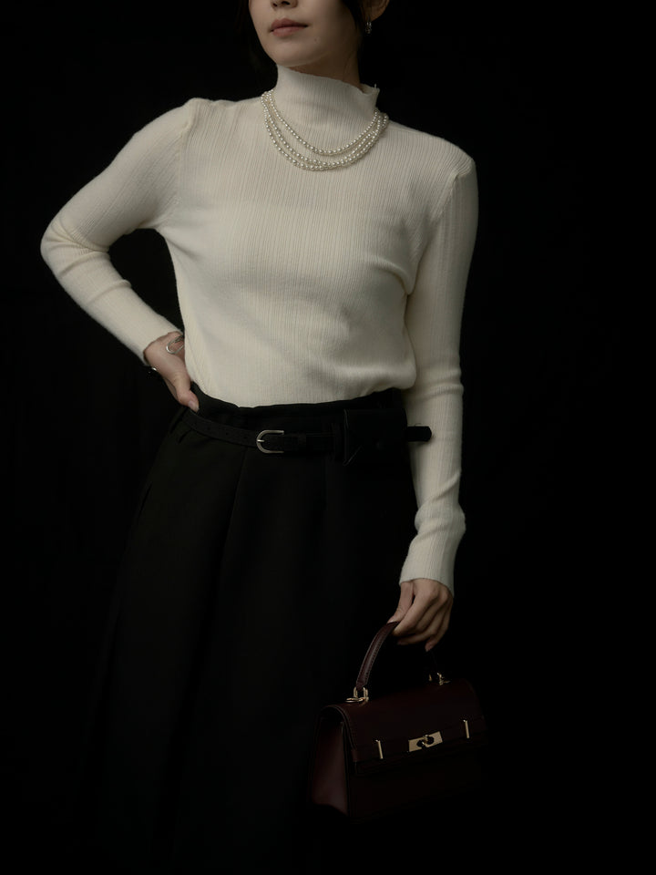 【SET】リブニットタートルネック+ウエストポーチ付きミディスカート(2set)