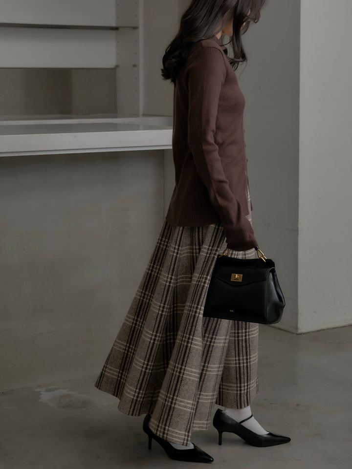 【SET】リブ配色ラインポロニットカーディガン+【Essential】クラシカルチェックウールタッチスカート(2set)