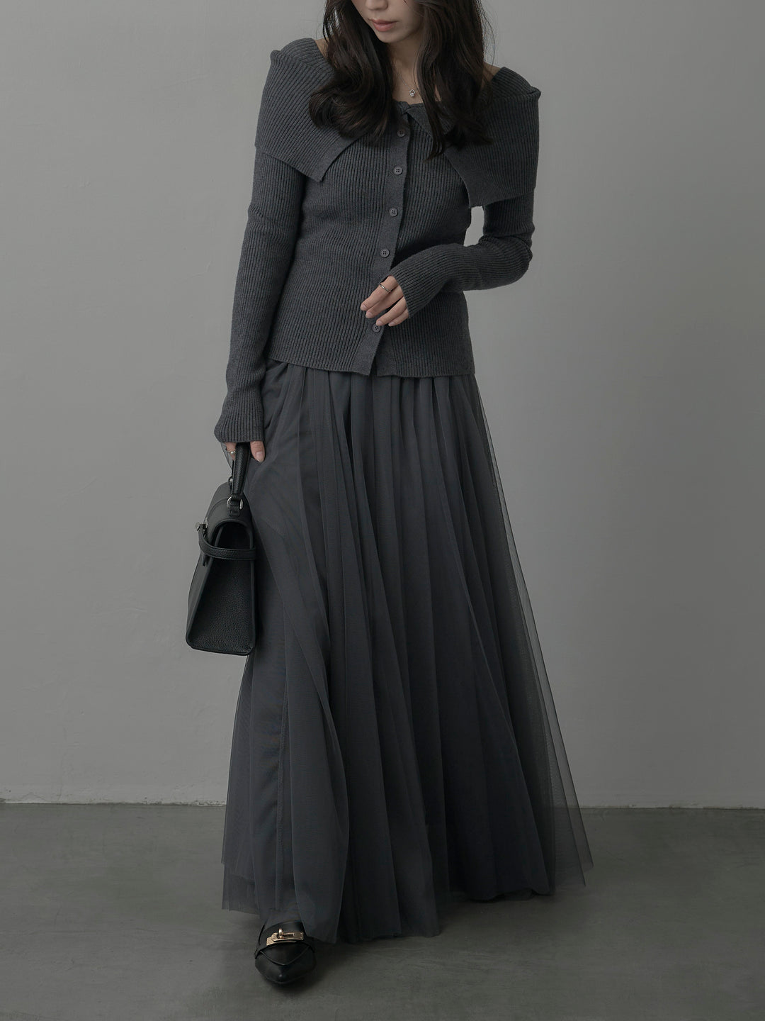 【SET】オフショルライクリブニットトップス+ボリュームチュールスカート(2set)