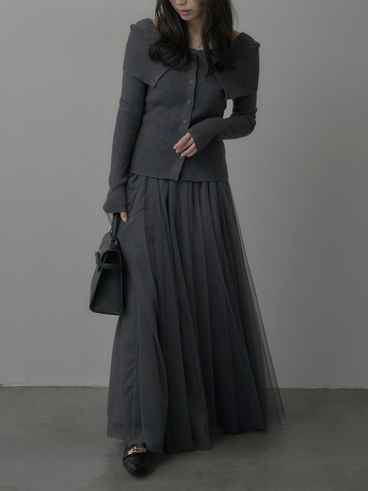 【SET】オフショルライクリブニットトップス+ボリュームチュールスカート(2set)