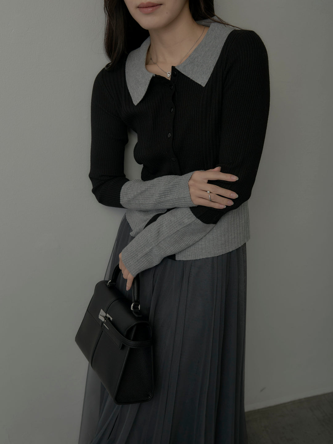 バイカラーリブニットポロトップス